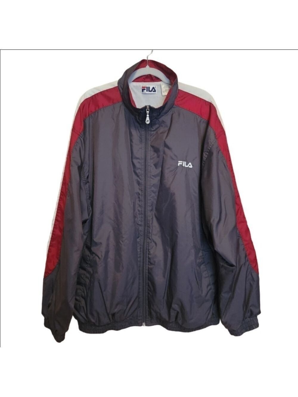 MENS VINTAGE FILA FULL ZIP WINDBREAKER TRACK JACKET RED GRAY AND WHITE SIZE 2XL